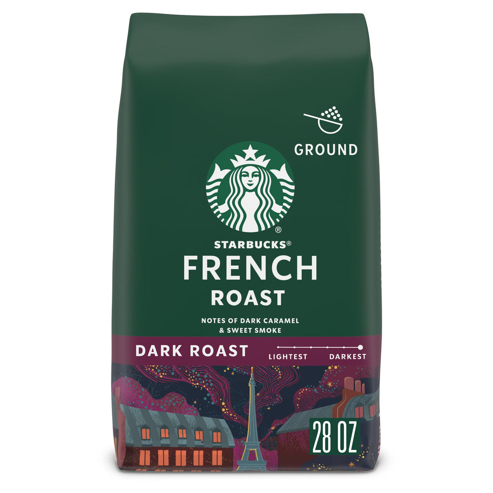 Starbucks French Roast ground coffee beans with bold aroma and caramel notes.