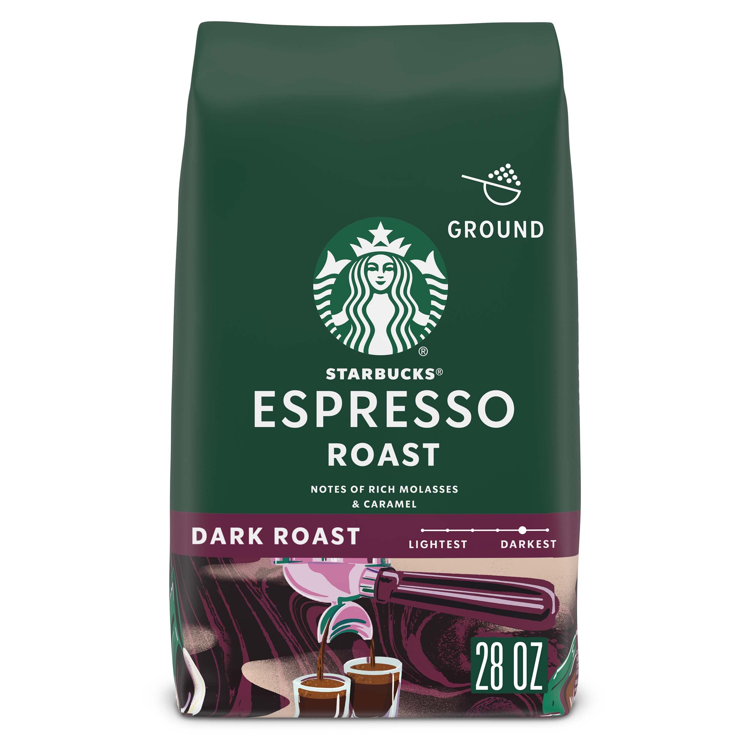 Starbucks Espresso Roast ground coffee bag for home espresso and versatile brewing