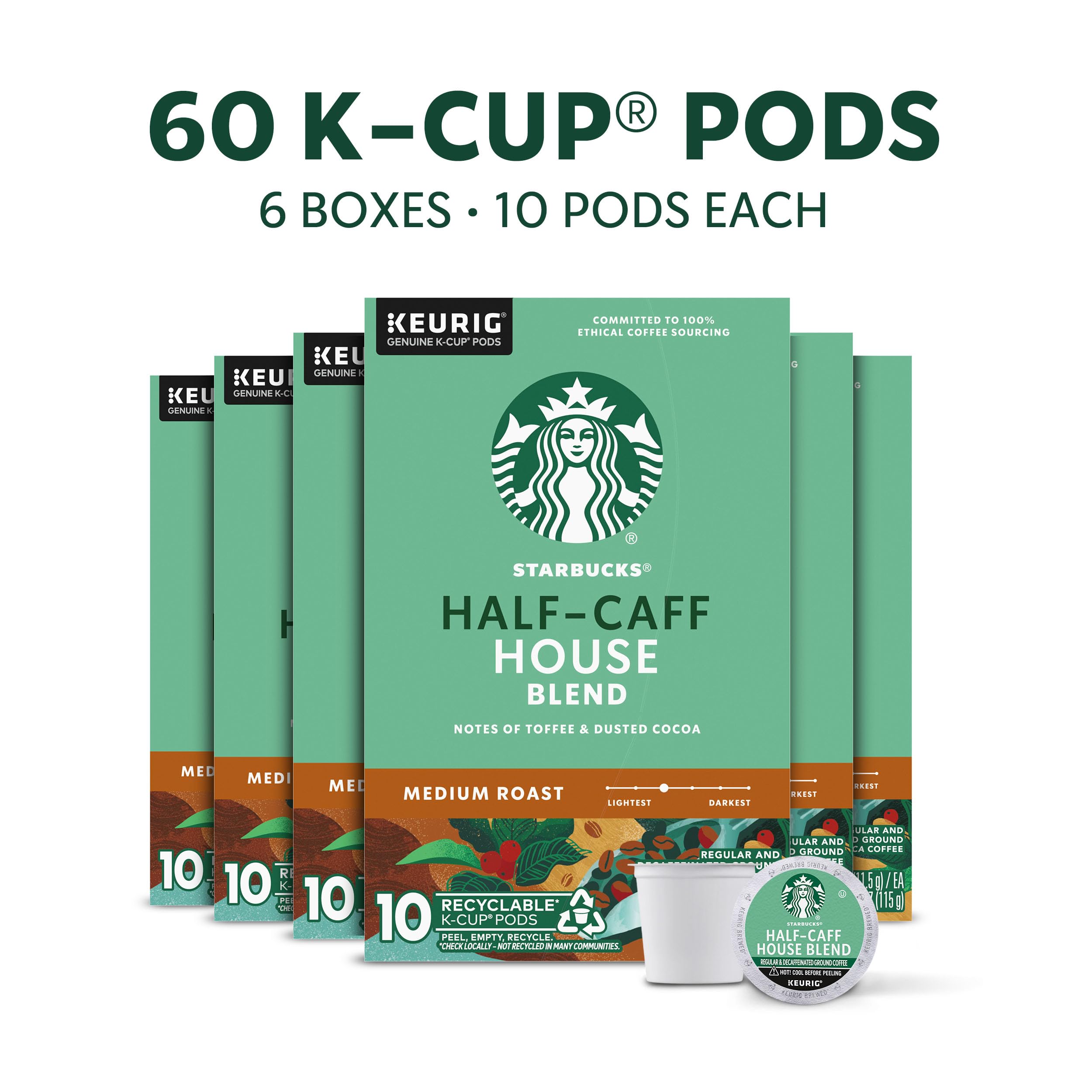 Starbucks Half-Caff House Blend K-Cup box for convenient home brewing.