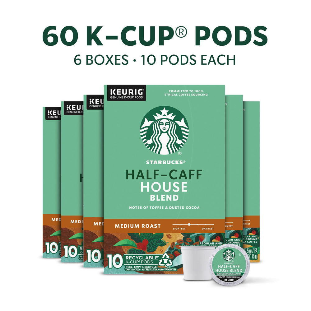 Starbucks Half-Caff House Blend K-Cup box for convenient home brewing.