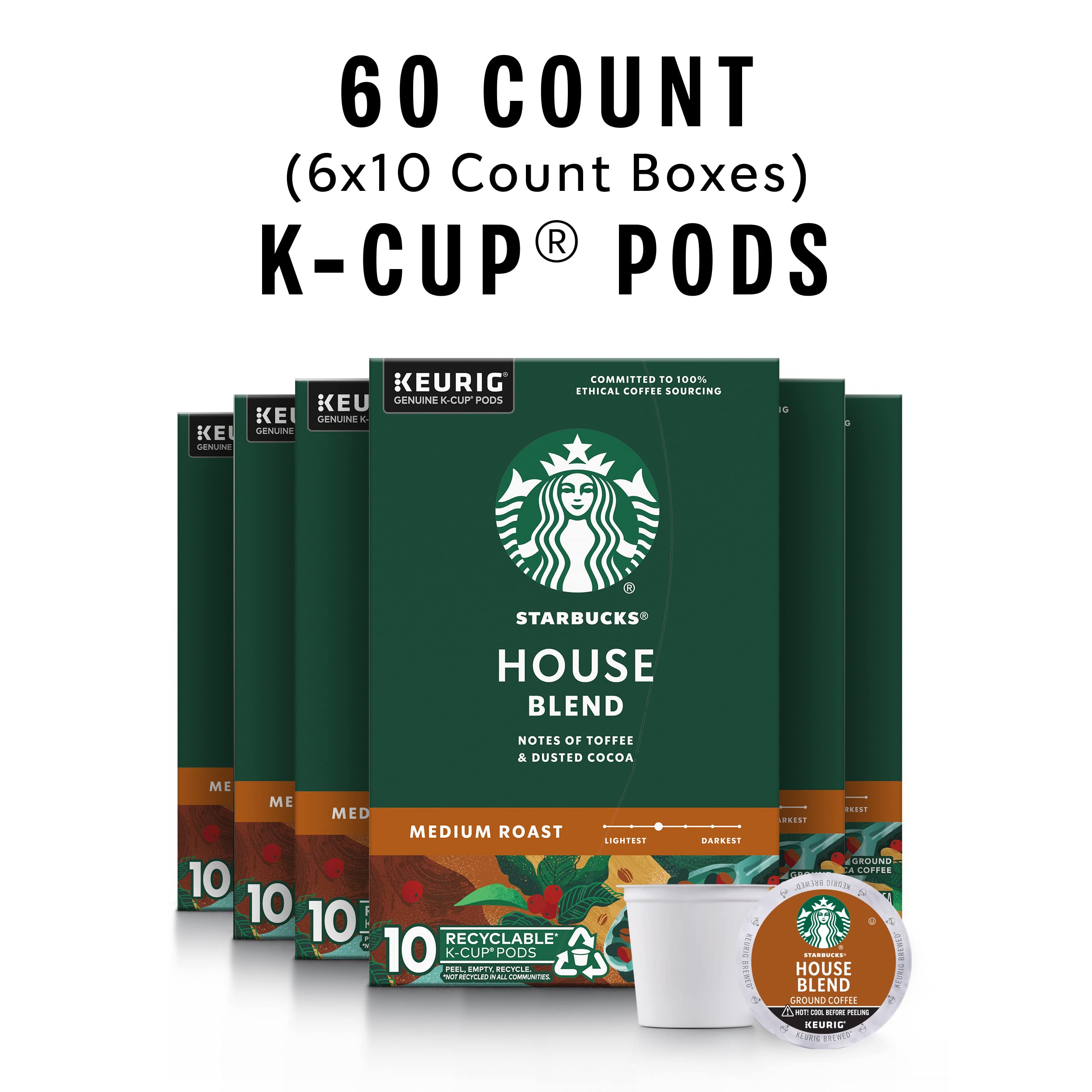 Starbucks House Blend K-Cup pods close-up showing 100% Arabica flavor.