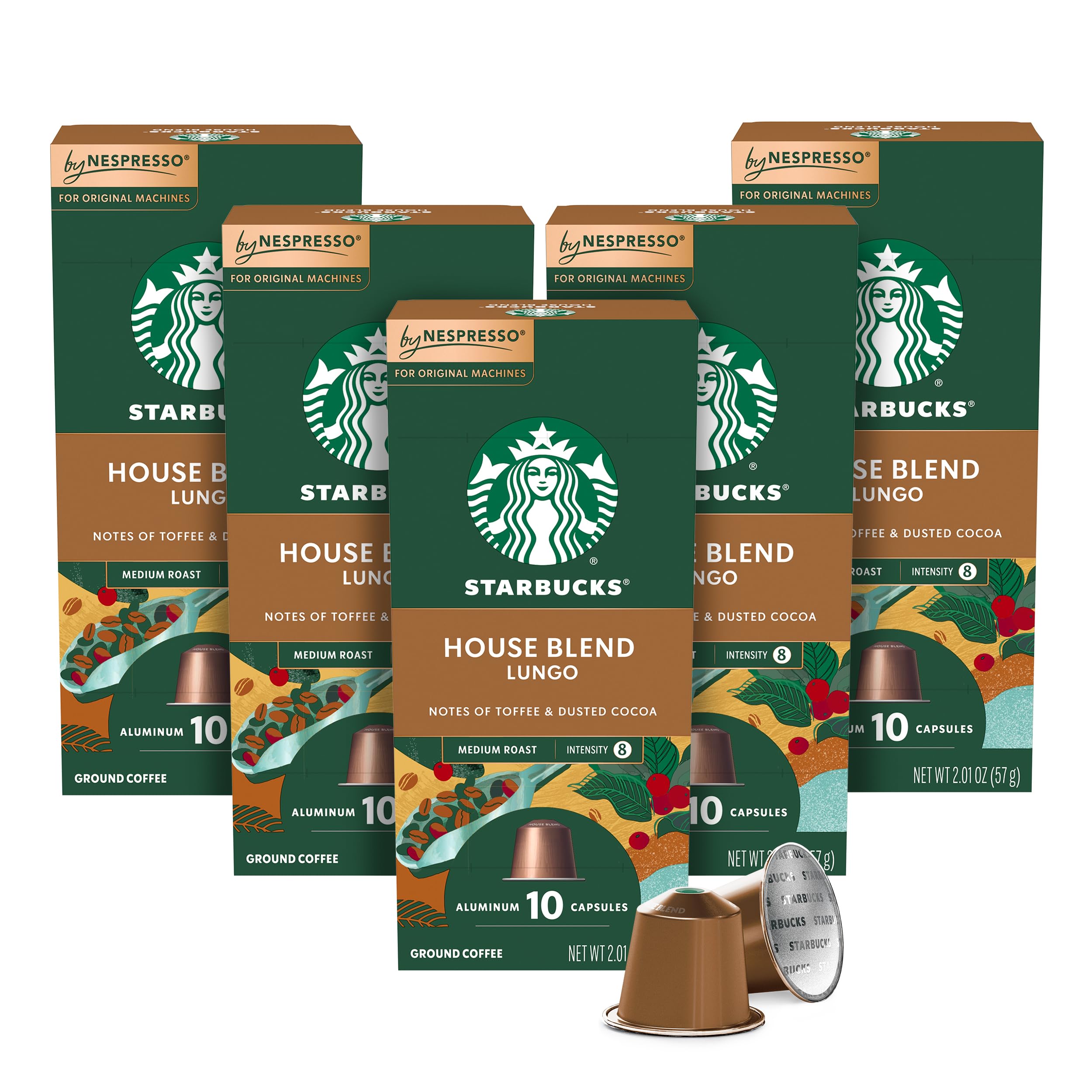 Starbucks House Blend Nespresso capsules close-up highlighting aluminum packaging for freshness