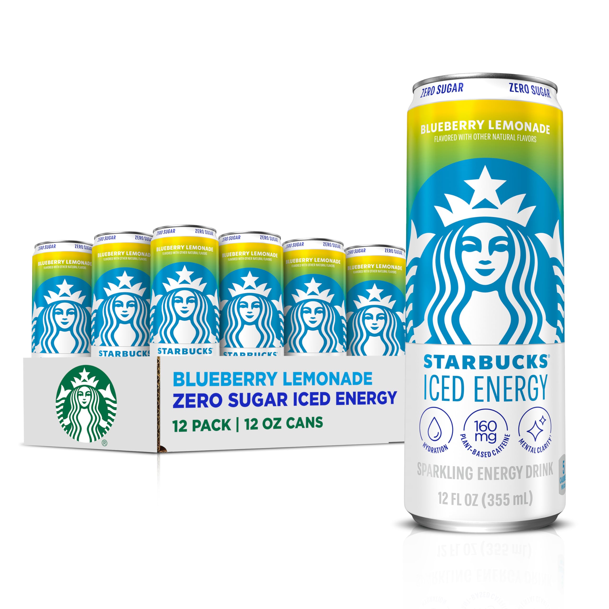 Starbucks Iced Energy Blueberry Lemonade can on ice boosts hydration and focus