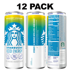 Starbucks Iced Energy Blueberry Lemonade can showing zero sugar and five calories
