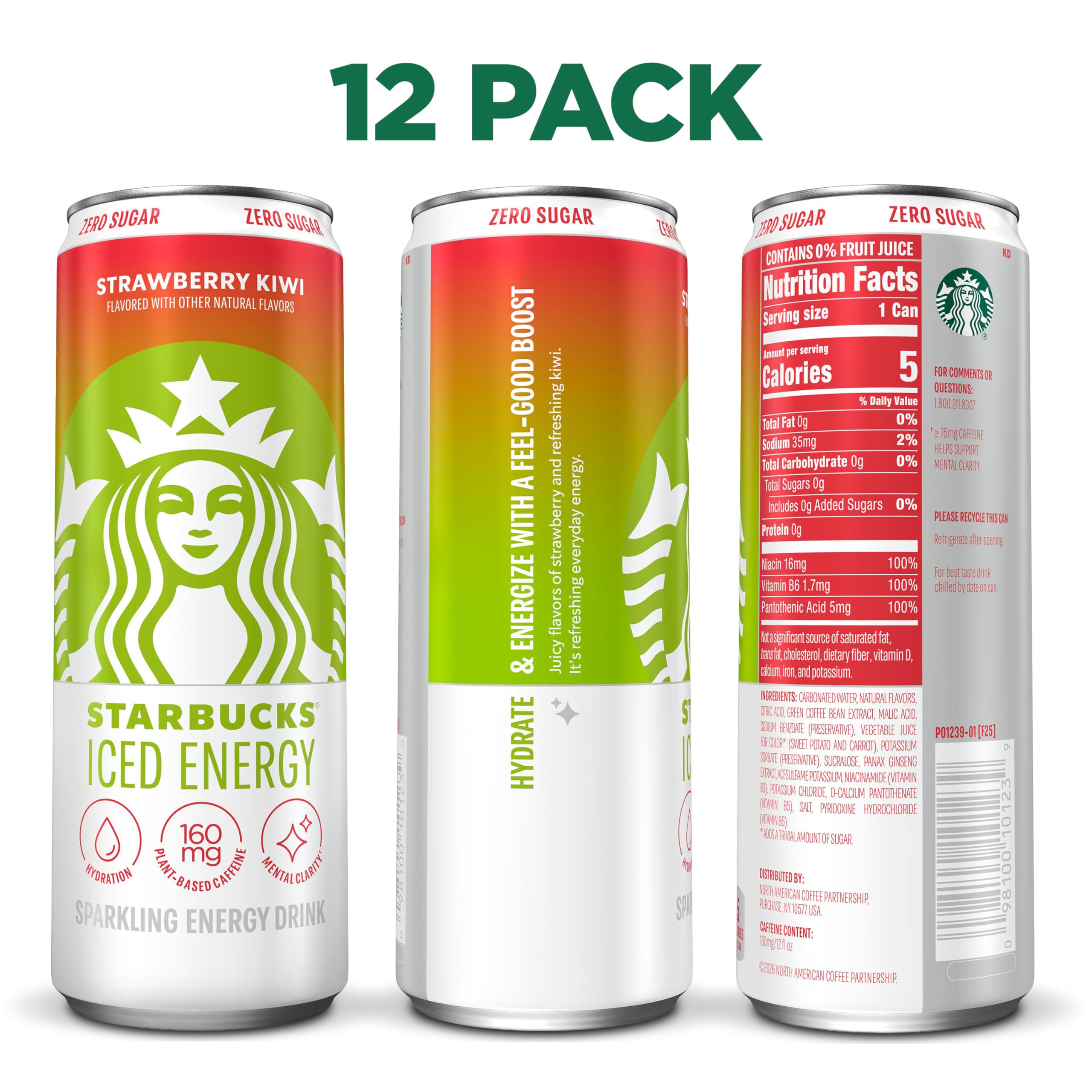 Starbucks Iced Energy Strawberry Kiwi pack shot showing 12 cans