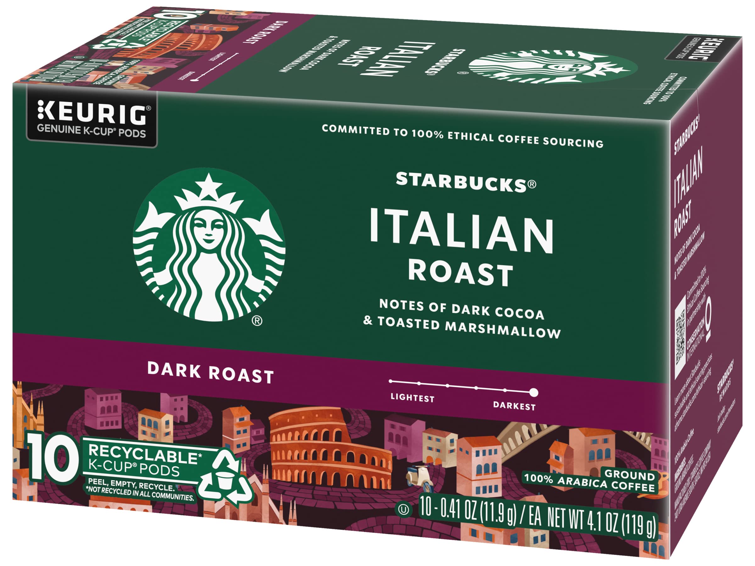 Packaging closeup showing Starbucks Italian Roast and Keurig compatibility