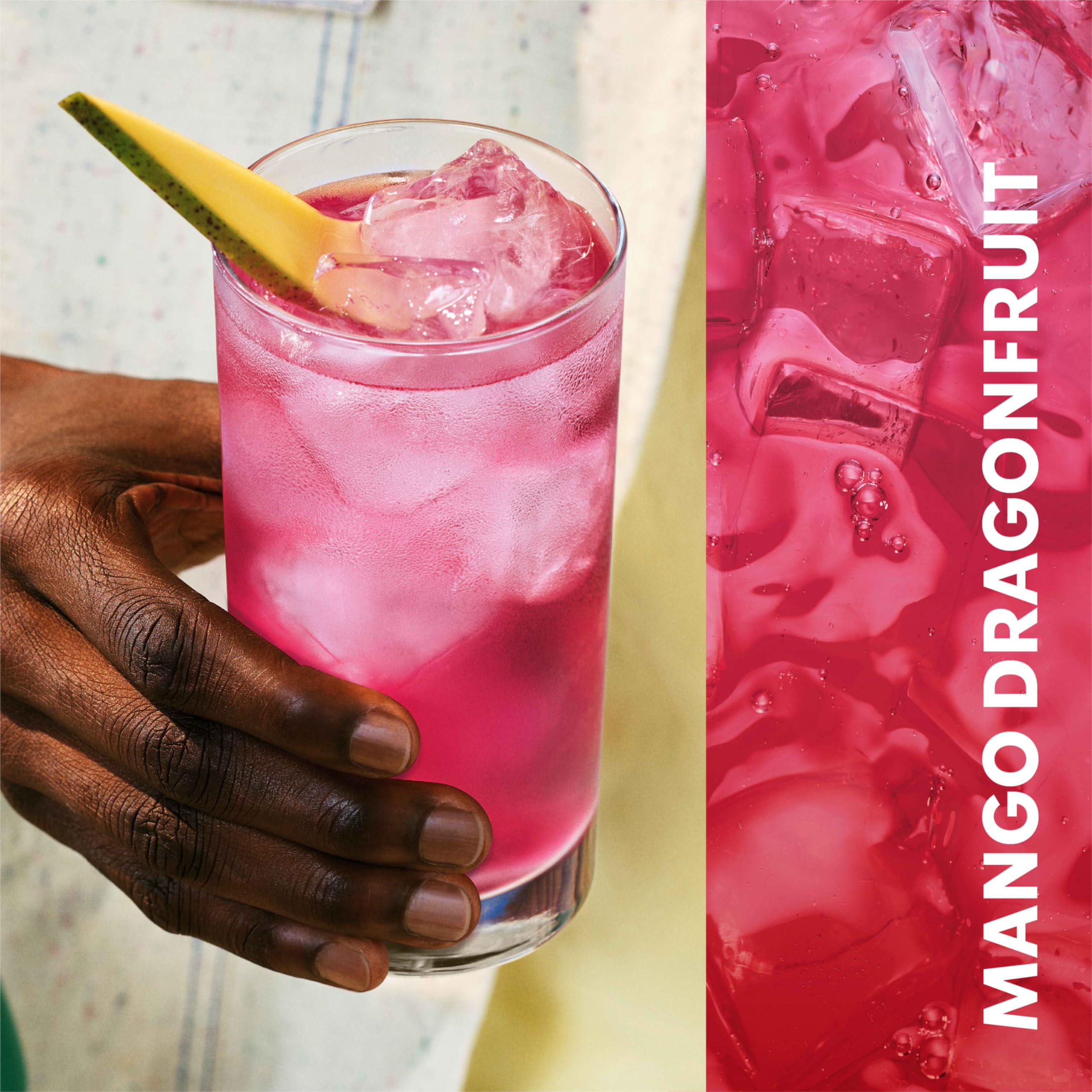 Starbucks Mango Dragonfruit concentrate over ice, ideal for a quick cool-down.