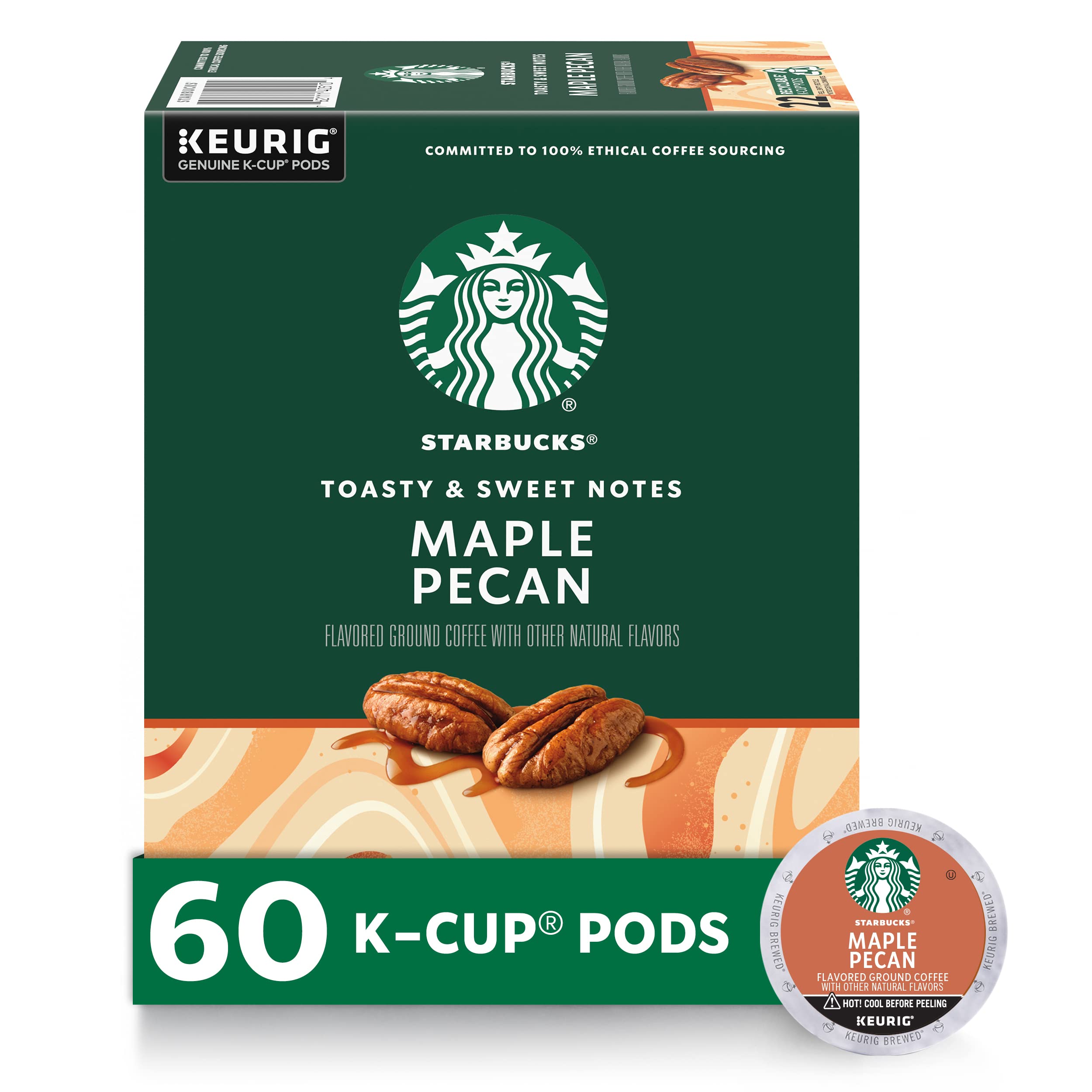 Starbucks Maple Pecan flavored K-Cup pods showcasing rich aroma for home brewing.