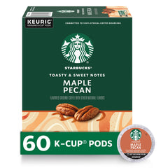 Starbucks Maple Pecan flavored K-Cup pods showcasing rich aroma for home brewing.