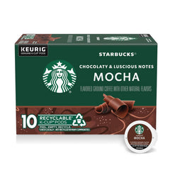 Starbucks Mocha K-Cup pod closeup highlighting rich chocolate flavor.