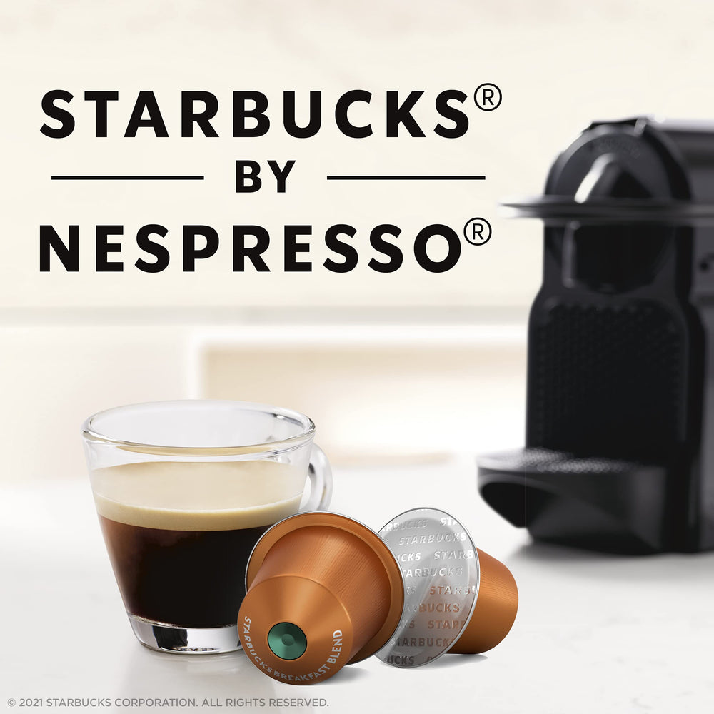Starbucks Breakfast Blend capsules closeup, emphasizing 100% Arabica beans for smoother, milder espresso.