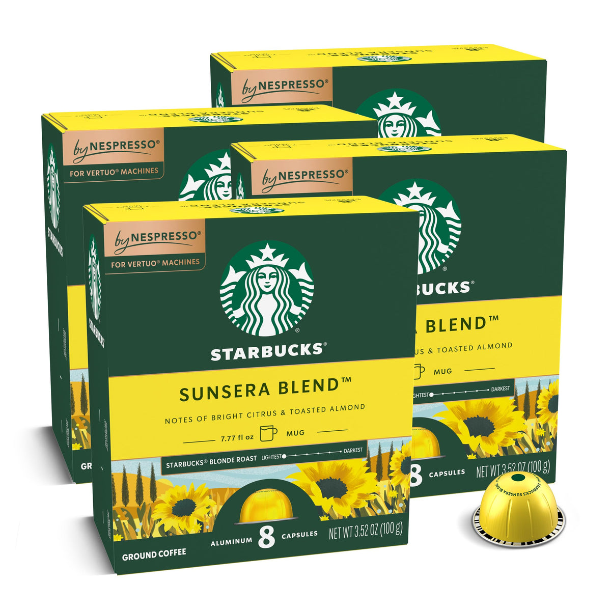 Starbucks Sunsera Blend pods in a Vertuo box for quick, smooth morning coffee.