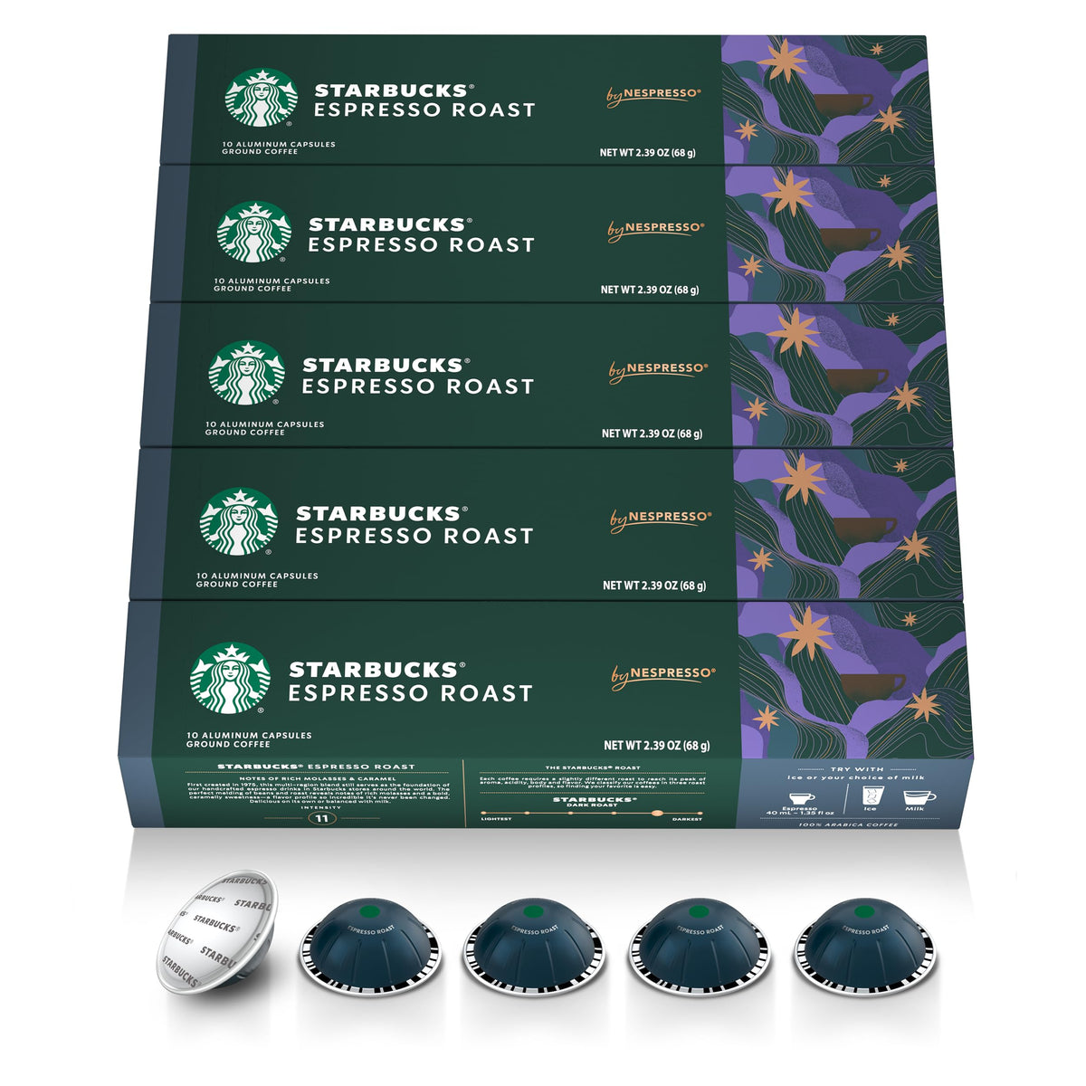 Starbucks by Nespresso Vertuo dark roast pods for 1.35 oz espressos at home.