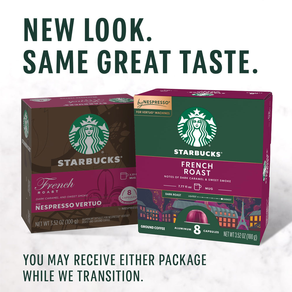 Closeup of dark roast Starbucks Vertuo pods and rich aroma