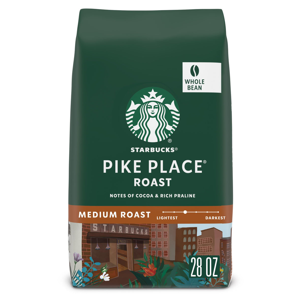 Starbucks Pike Place Roast whole beans, 28 oz, balanced aroma for a smooth morning brew.