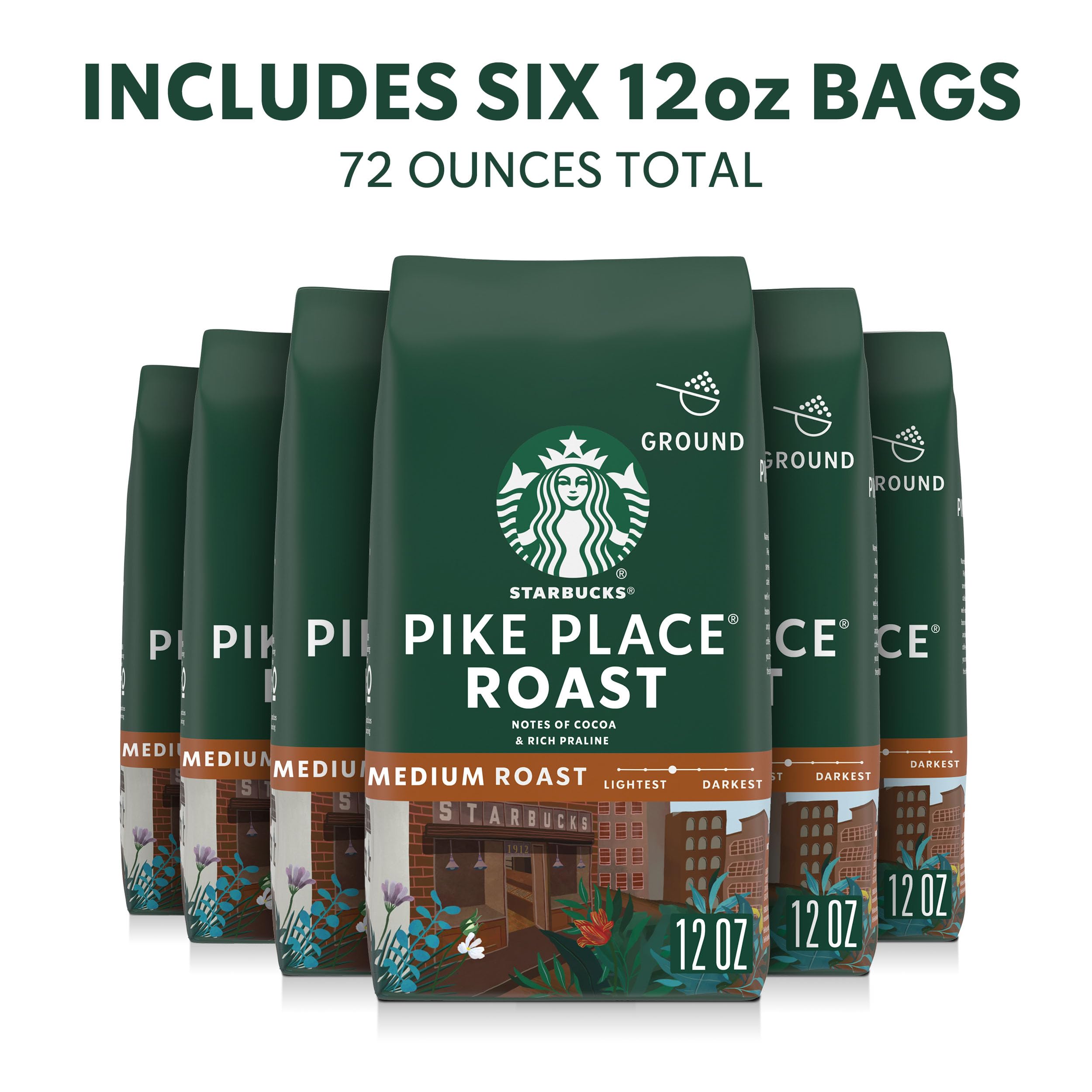 Close-up of Starbucks Pike Place Roast coffee beans showing cocoa and praline hints.