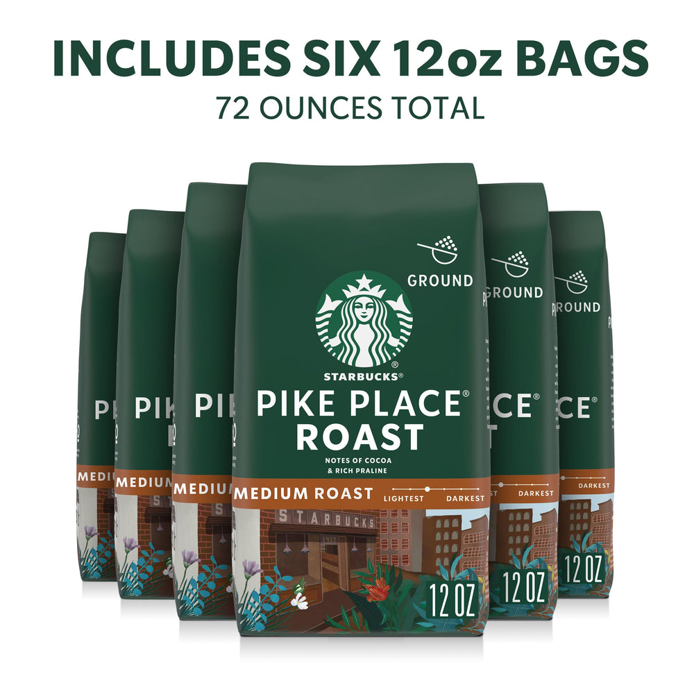 Close-up of Starbucks Pike Place Roast coffee beans showing cocoa and praline hints.