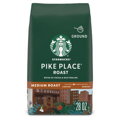 Starbucks Pike Place Roast ground coffee bag front for everyday brewing.