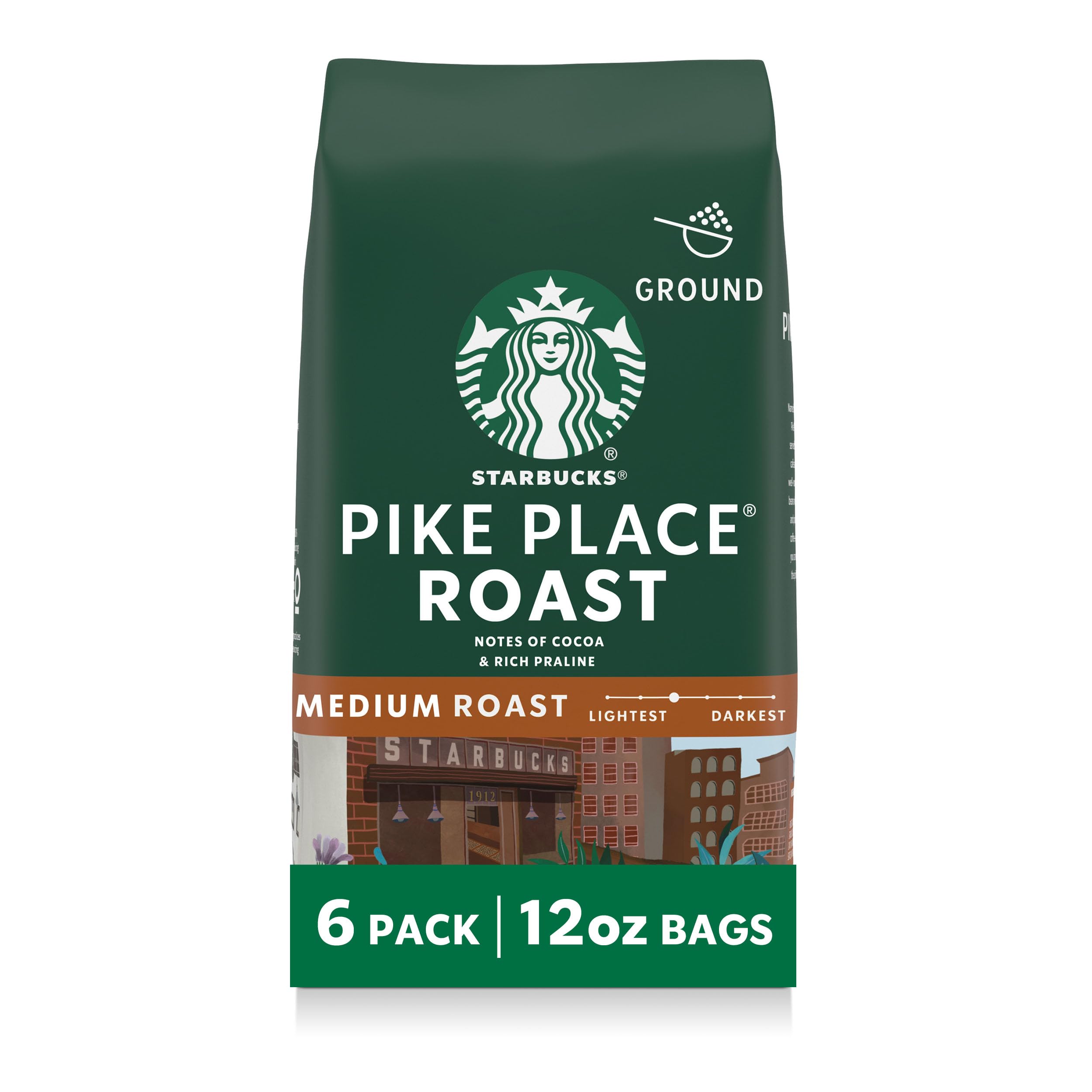 Starbucks Pike Place Roast ground coffee six-pack for balanced mornings.