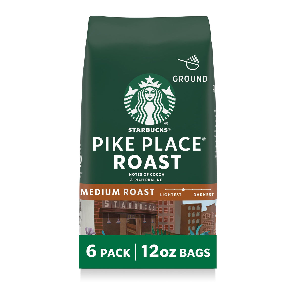 Starbucks Pike Place Roast ground coffee six-pack for balanced mornings.