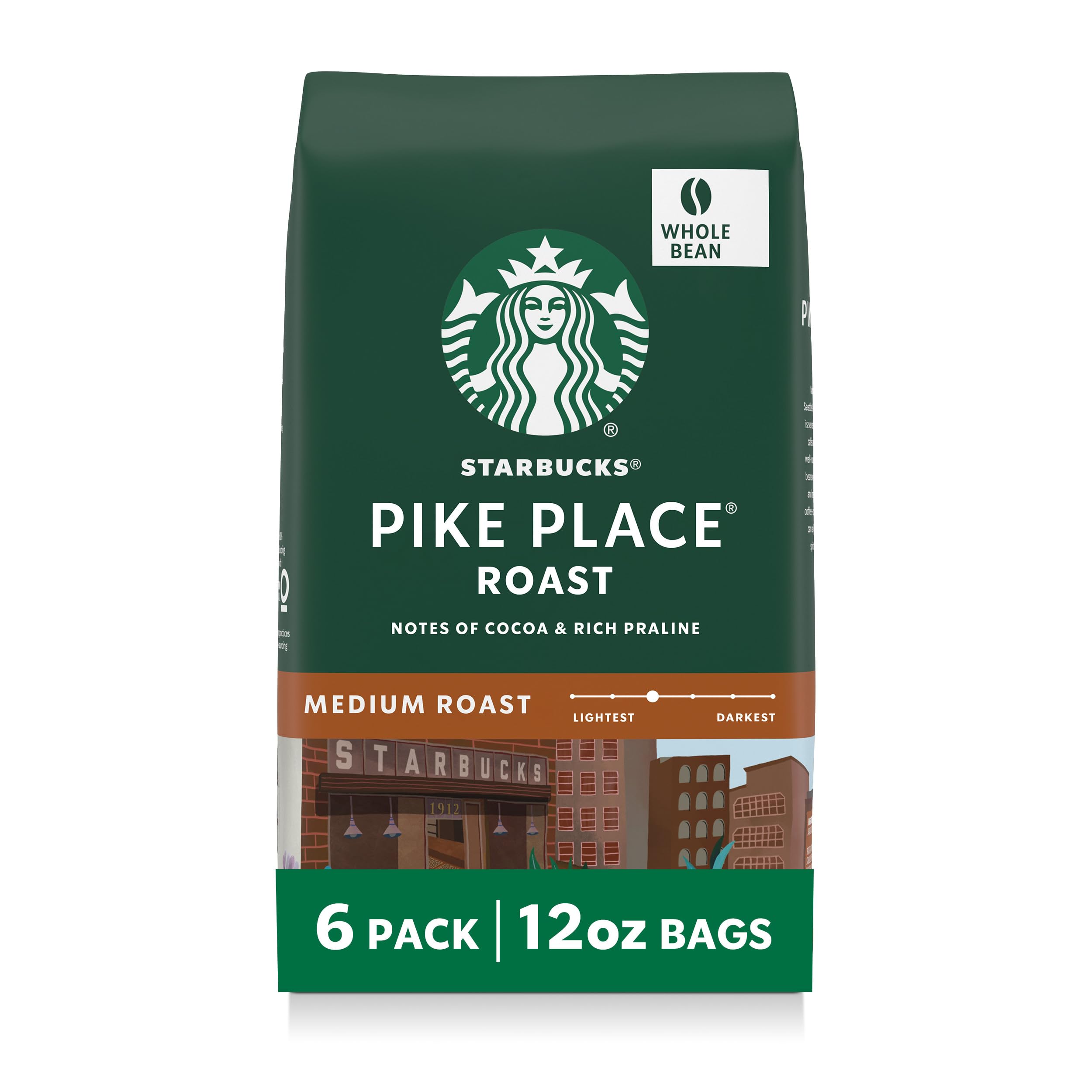 Starbucks Pike Place Roast whole bean packaging highlights premium beans.