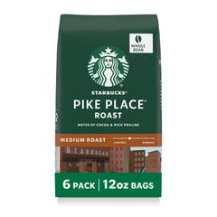 Starbucks Pike Place Roast whole bean packaging highlights premium beans.
