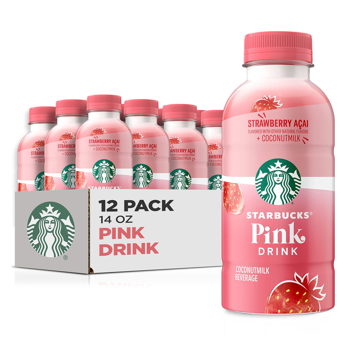 Starbucks Pink Drink strawberry-acai bottle with creamy coconut milk for refreshing, on-the-go indulgence.