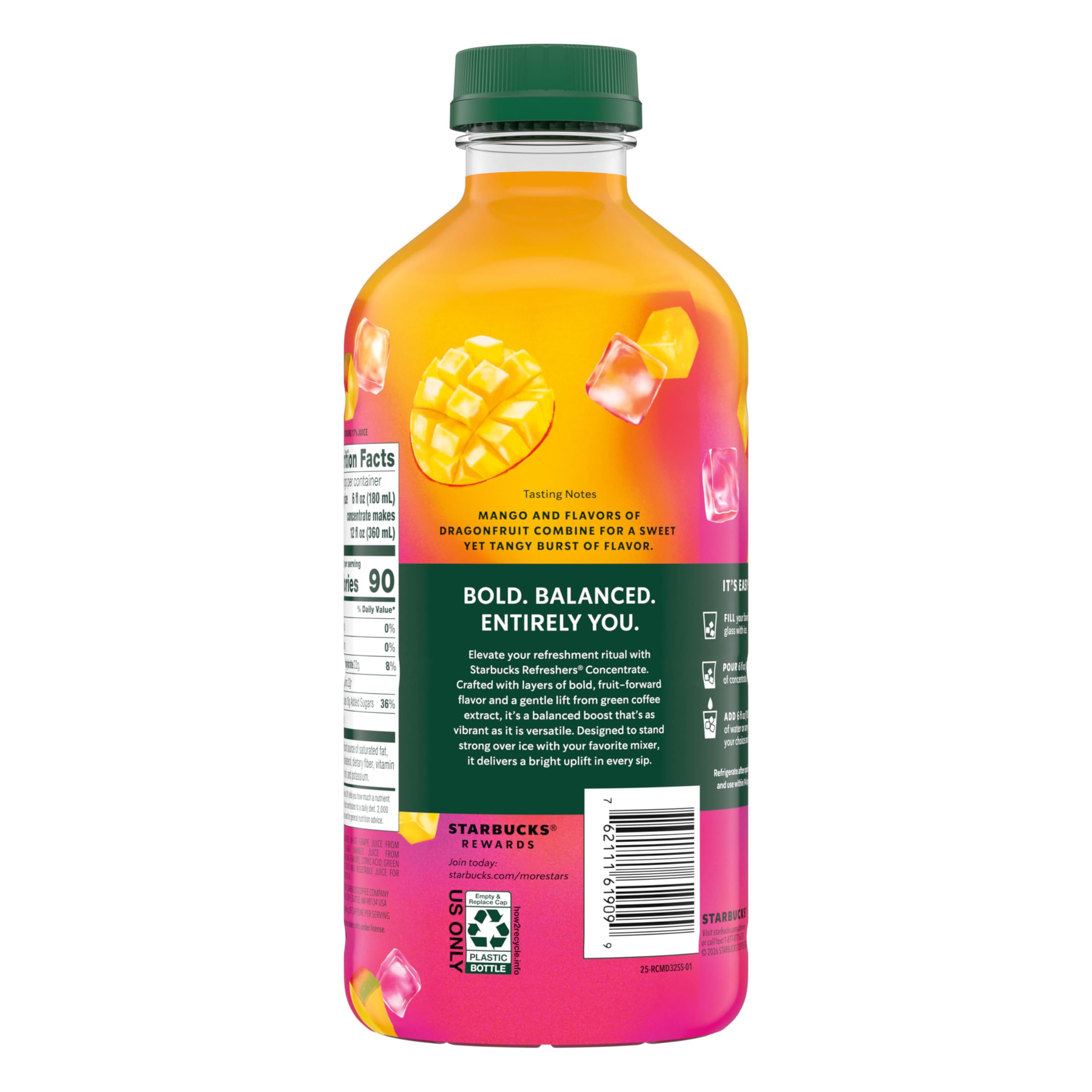 Starbucks Refreshers concentrate bottle displayed beside cups and fruit garnish.