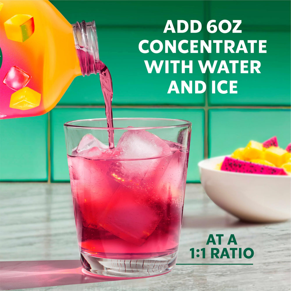 Starbucks Refreshers concentrate being mixed with sparkling water for a bubbly, fruity twist.