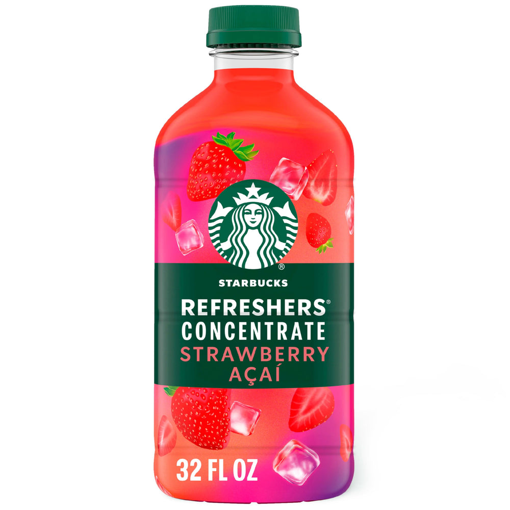 Starbucks Refreshers Concentrate Strawberry Acai bottle ready to mix for a fruit-forward beverage.