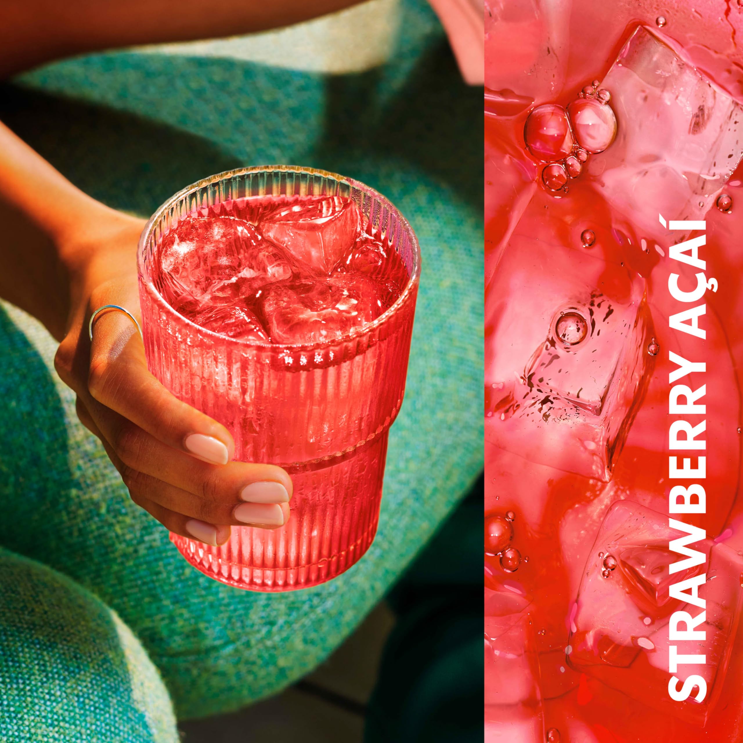 Close-up of Starbucks Refreshers Strawberry Acai highlighting real fruit juice flavors.