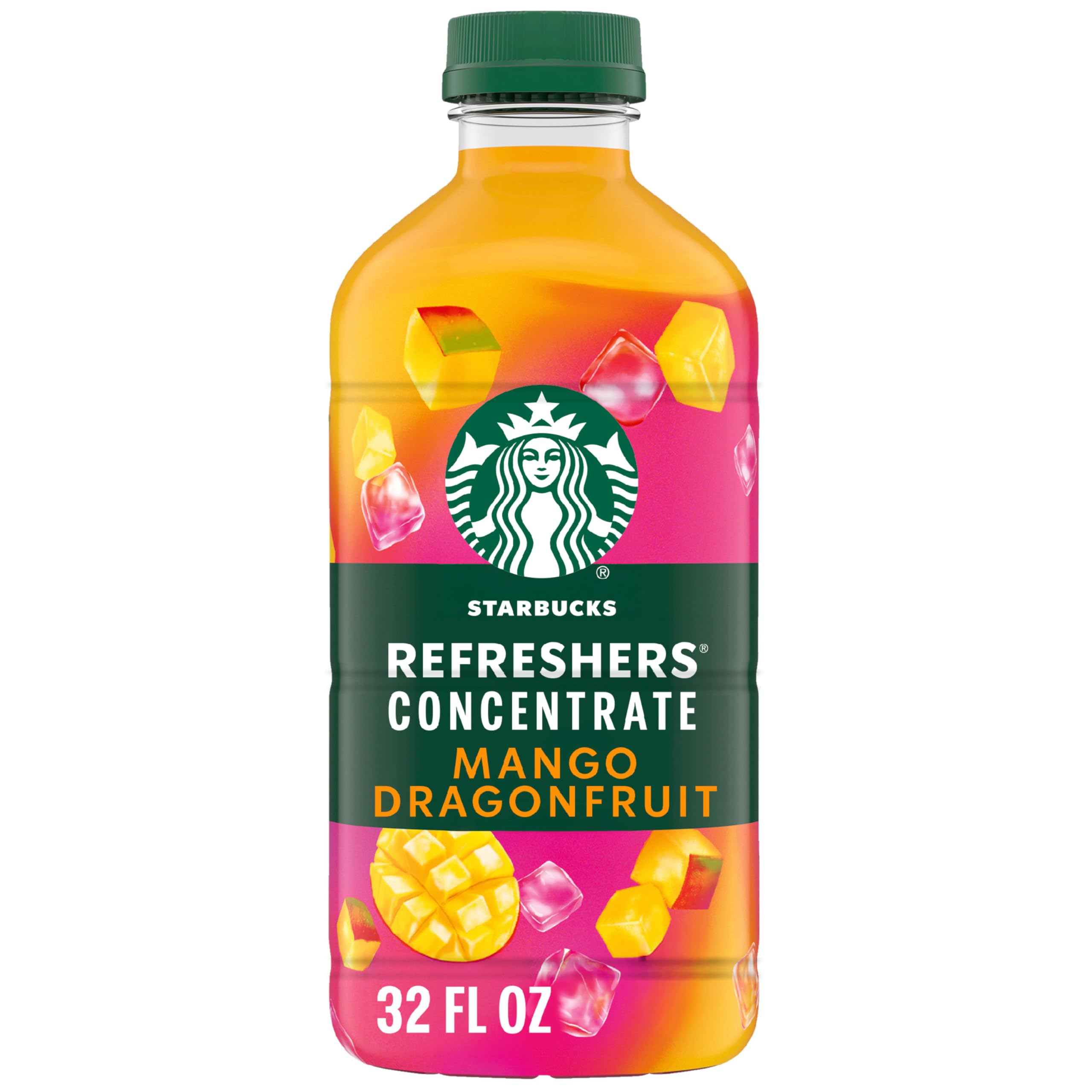 Starbucks Mango Dragonfruit Refreshers concentrate bottle showcases real fruit juice for at‑home mixing.