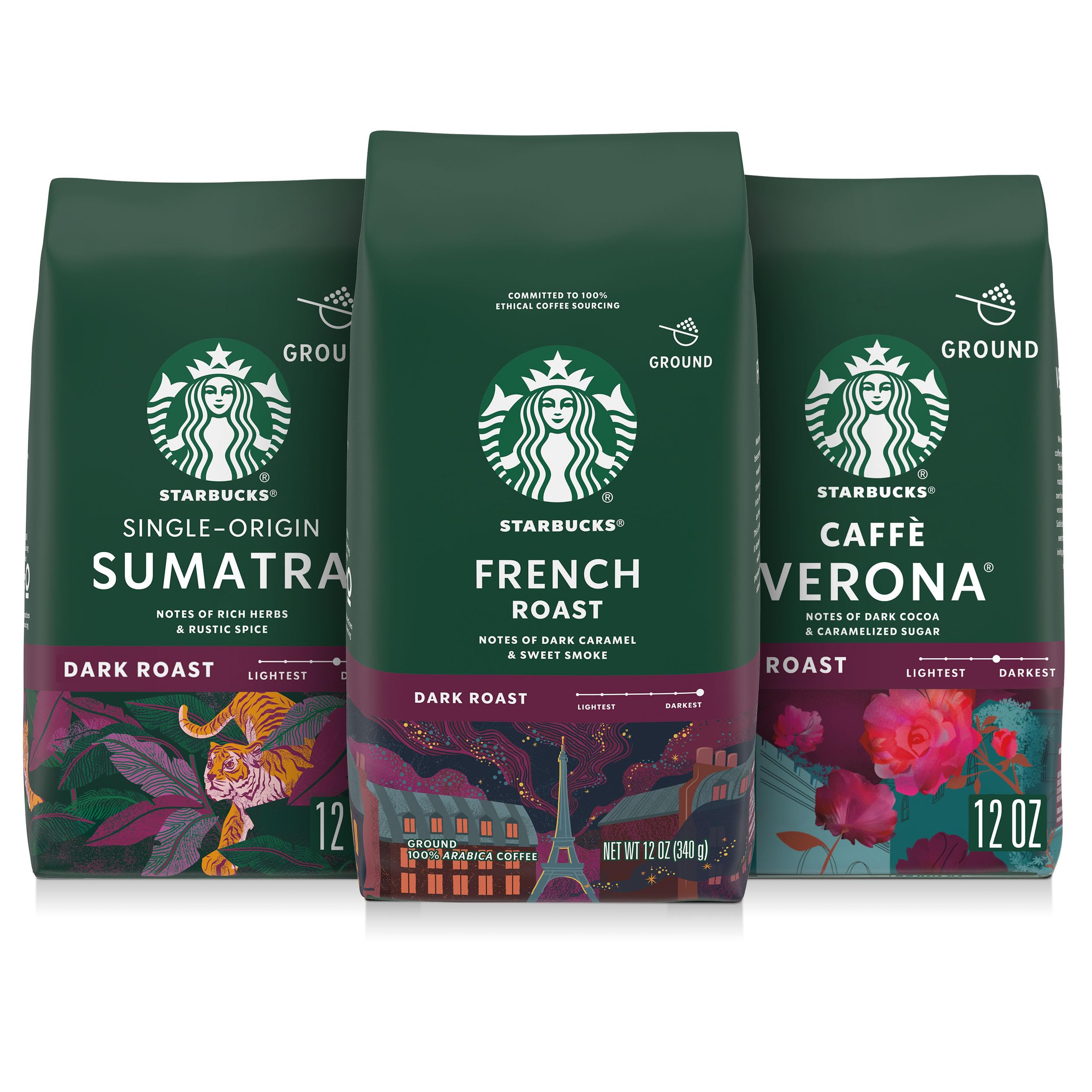 Starbucks Sumatra 12oz bag showing rich body and herbal notes for bold mornings.