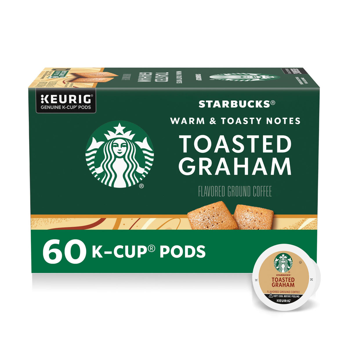 Starbucks Toasted Graham K-Cup pods box front for quick morning brews.