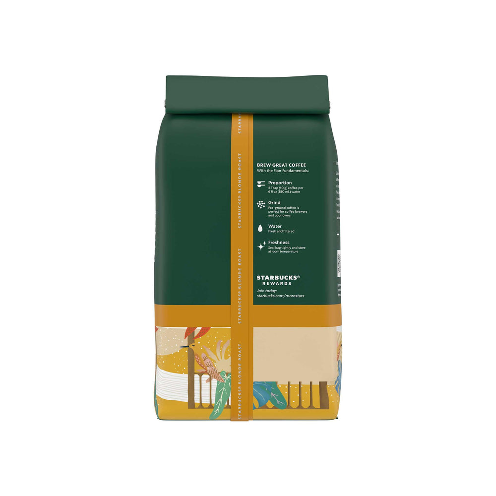 Starbucks Veranda Blend packaging on counter for sharing moments.