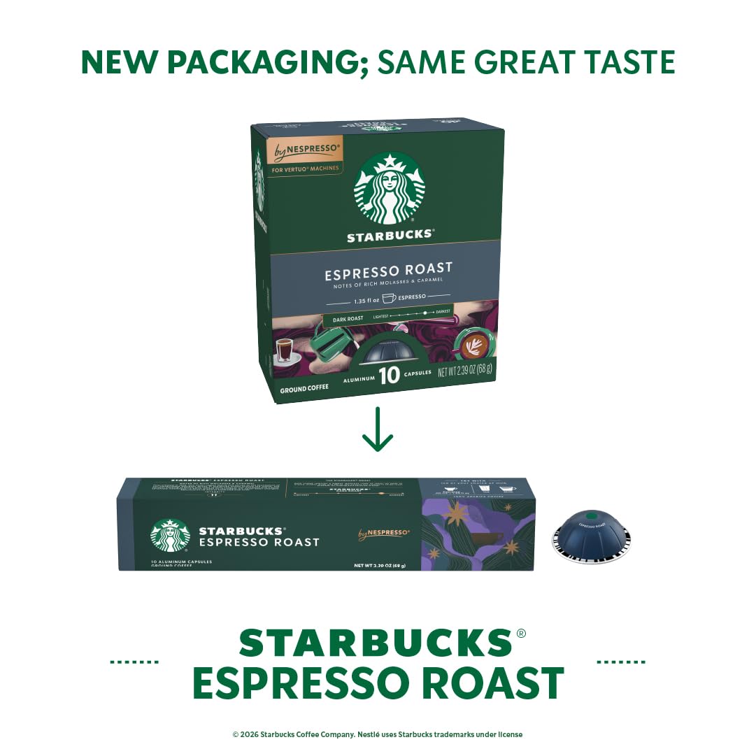 Starbucks Vertuo cup shows bold 1.35 oz espresso produced with these pods.