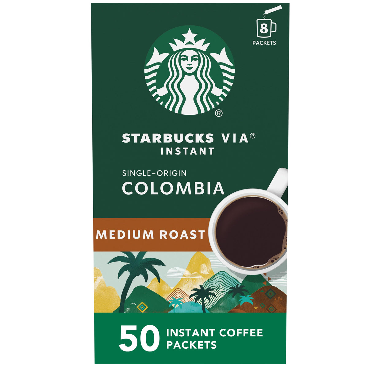 Starbucks VIA Colombia coffee packets for quick on-demand brewing.