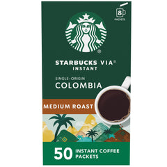Starbucks VIA Colombia coffee packets for quick on-demand brewing.