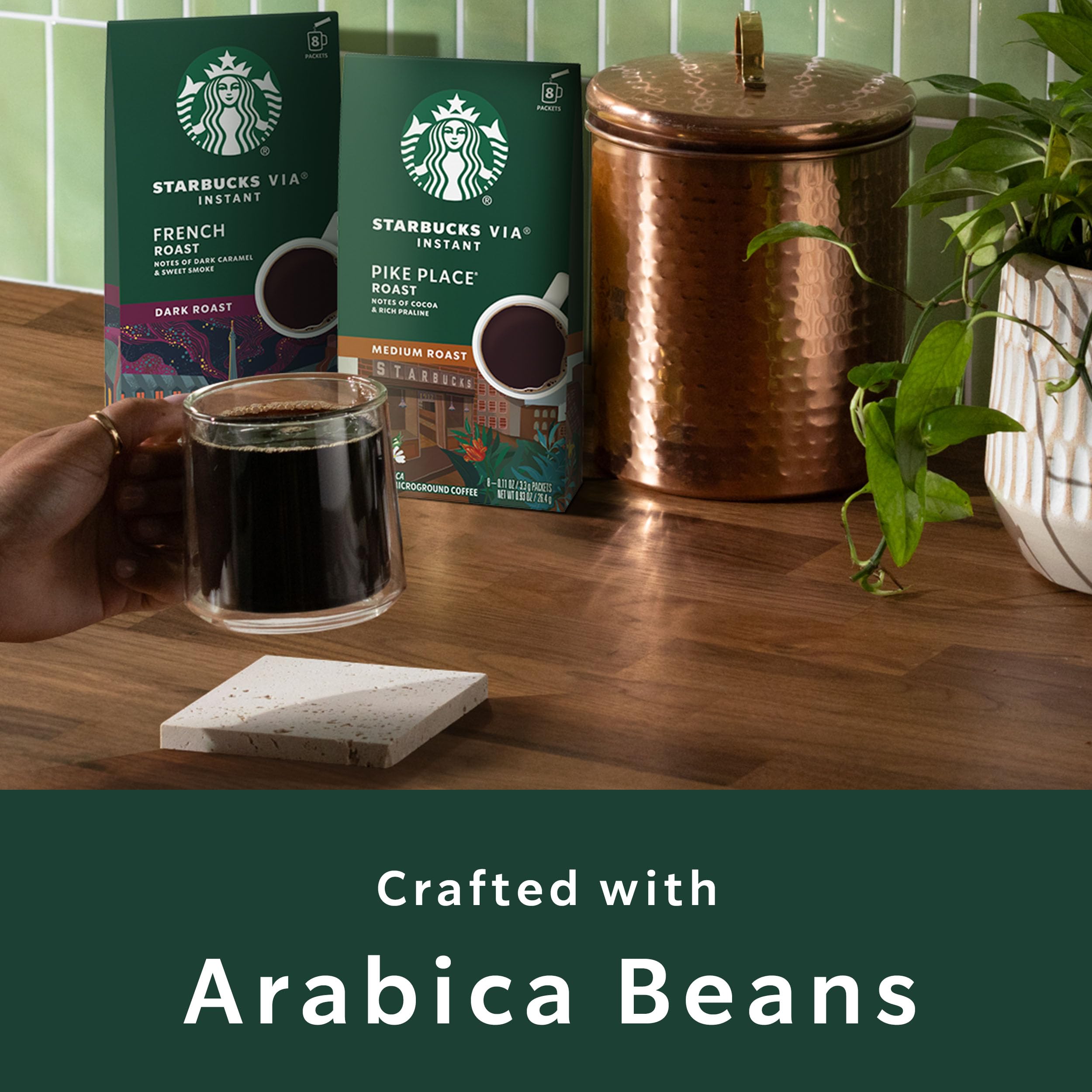 Sleek VIA packaging highlights Starbucks quality and Arabica beans.