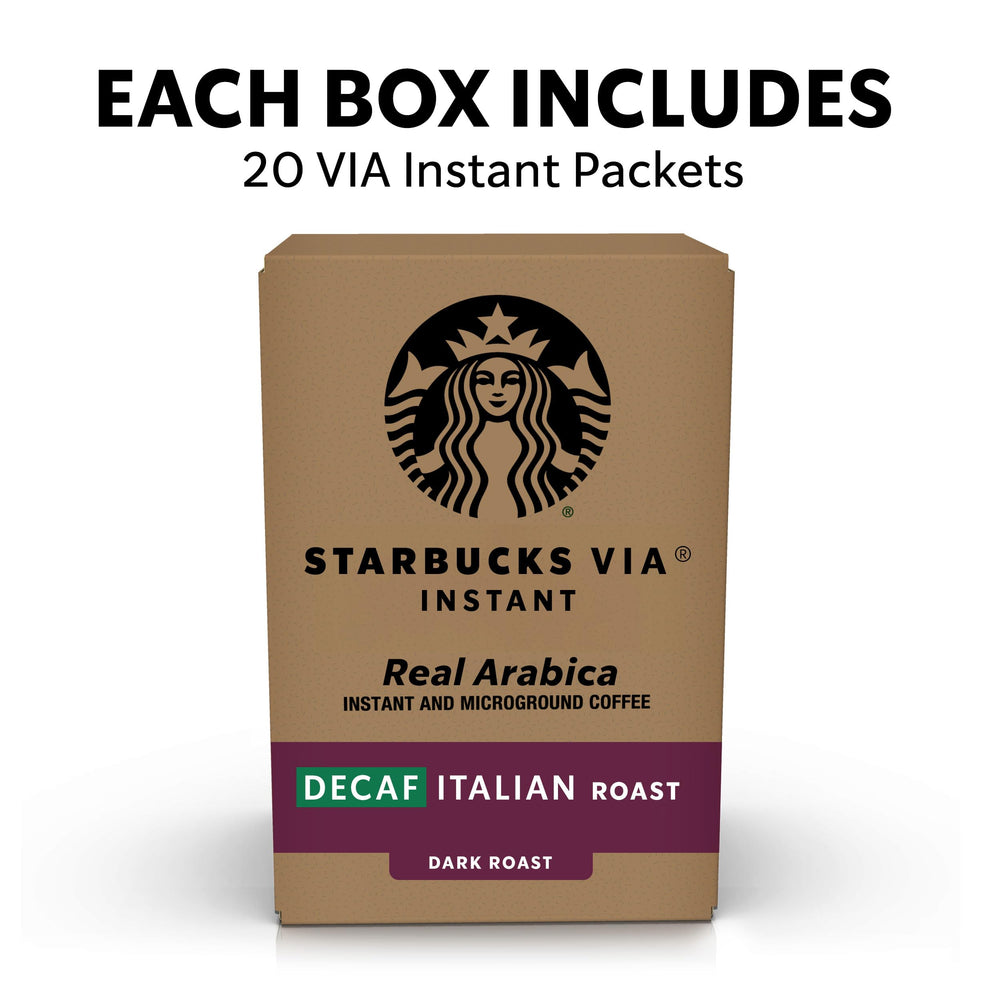 Close-up of Starbucks VIA instant coffee packets highlighting premium Arabica blend and convenience.