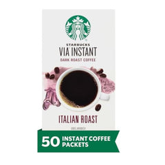 Starbucks VIA Italian Roast box with 50 packets for quick mornings.