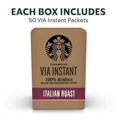 Closeup of Starbucks VIA Italian Roast packets showing branding.