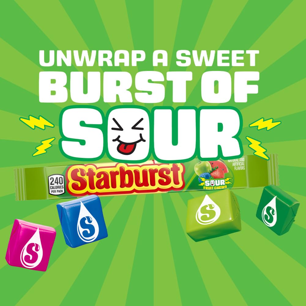 Starburst Sour Chewy Candy sour strawberry close-up suggests fruity zing.