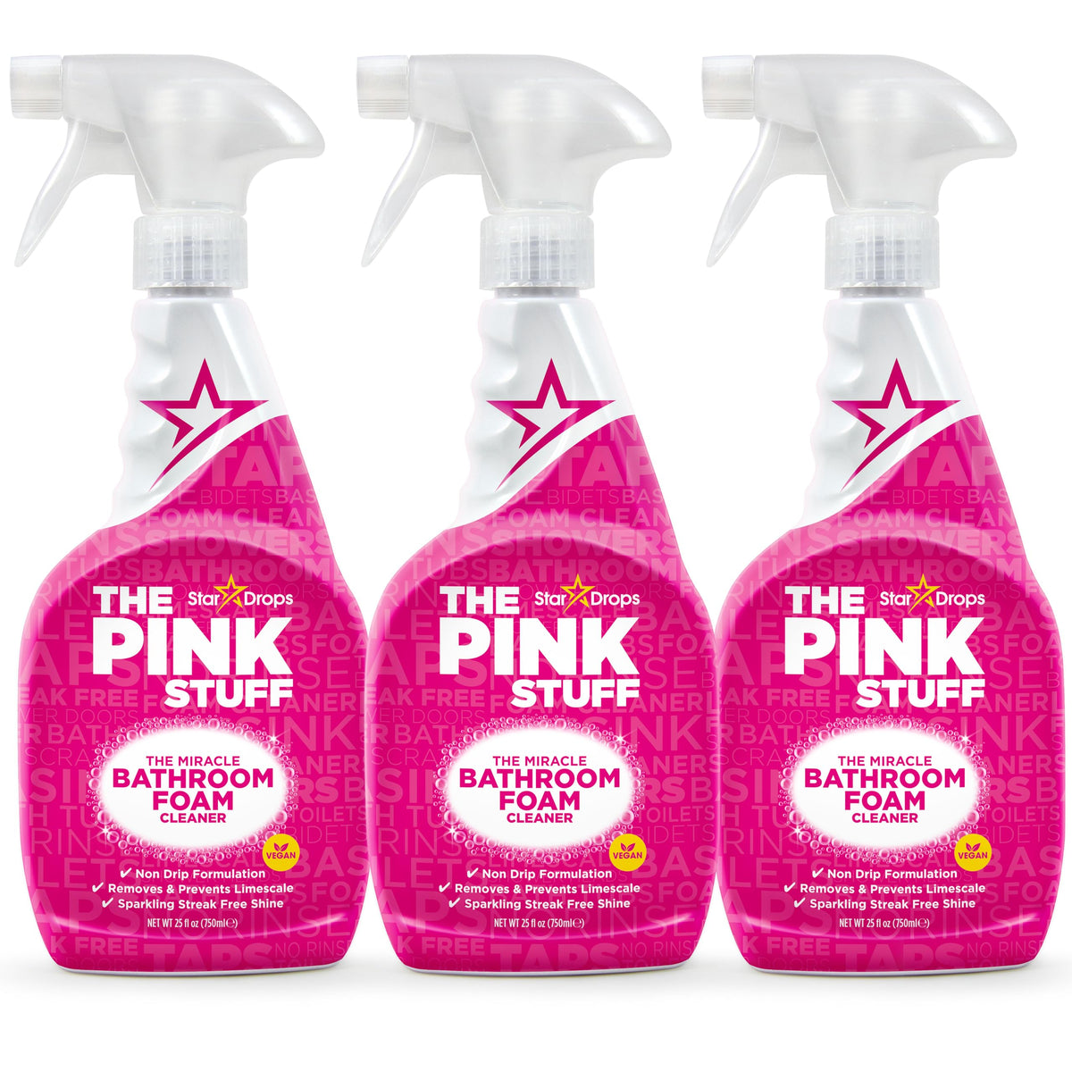 Stardrops The Pink Stuff bathroom foam spray bottle for deep cleaning and easy wipe-off.