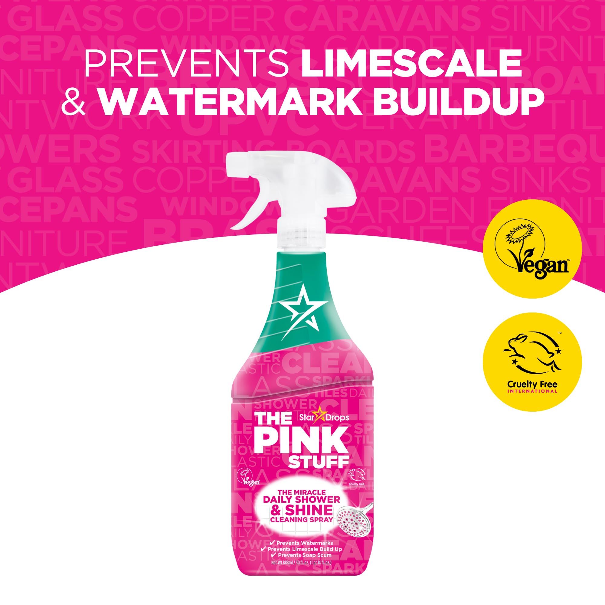 Stardrops Pink Stuff on bathroom tile prevents buildup for easy cleaning