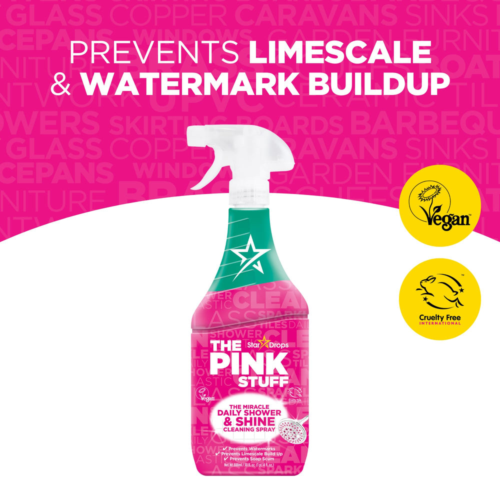 Stardrops Pink Stuff on bathroom tile prevents buildup for easy cleaning