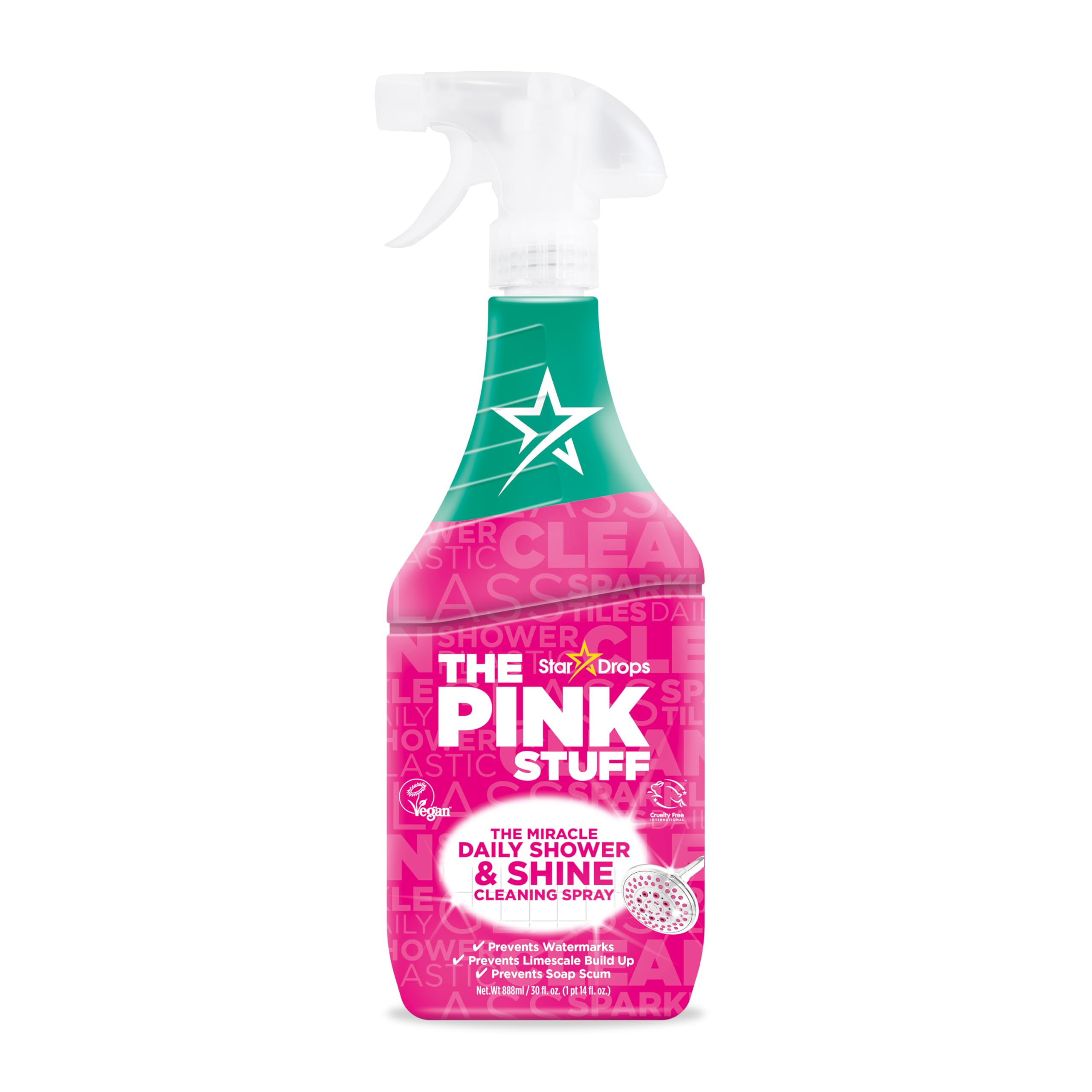 Stardrops Pink Stuff daily shower bottle showing no-rinse cleaning convenience