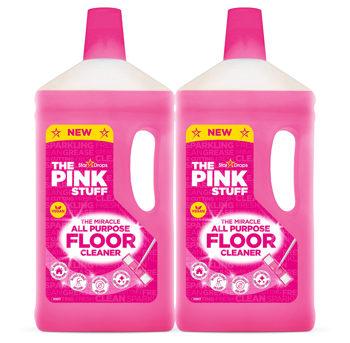 Stardrops Pink Stuff floor cleaner bottle front, powerful cleaning for tough grime.