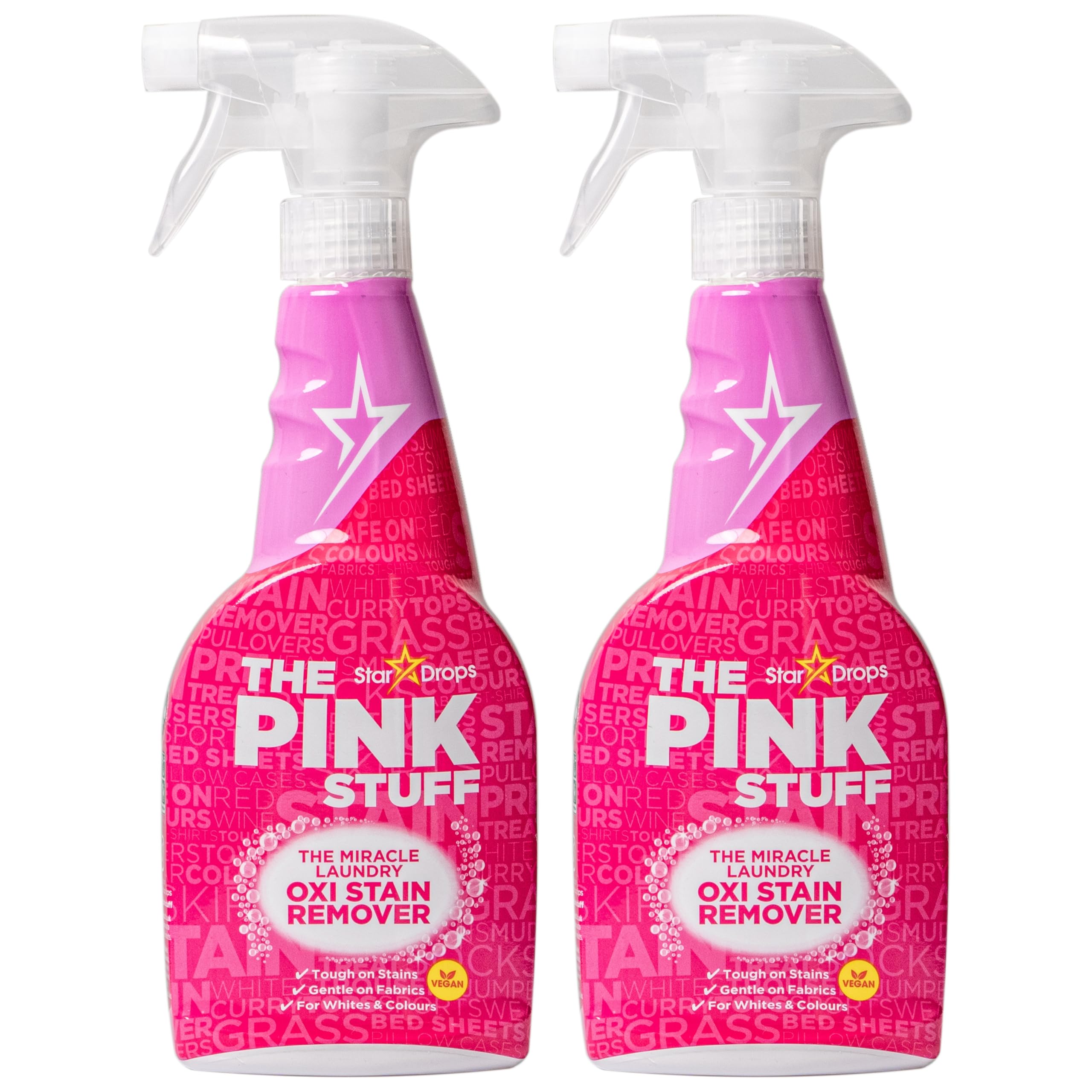 Stardrops Pink Stuff Oxi Stain Remover spray bottle, powerful stain lifting for fabrics.