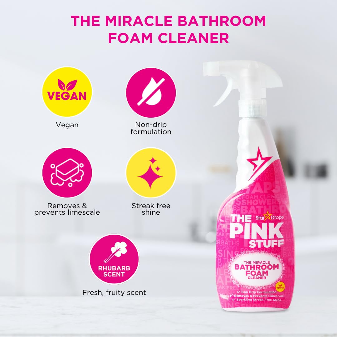Stardrops Pink Stuff foam clings for longer contact with grime.
